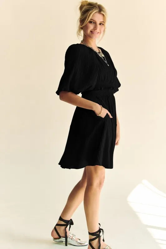 Davi & Dani Back Button Puff Sleeve Mini Dress - Brittney MADE