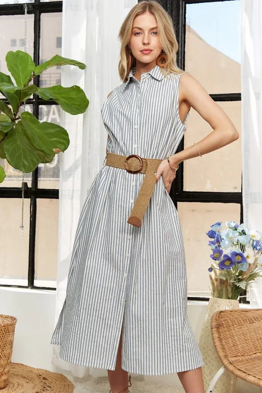 ADORA Striped Button Down Sleeveless Midi Dress - Brittney MADE