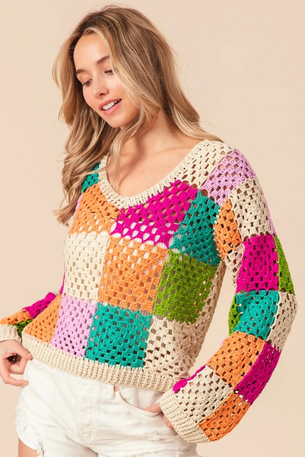 BiBi Multi Color Checkered Long Sleeve Knit Top - Brittney MADE