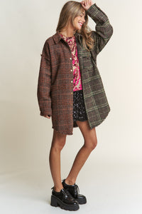 J.NNA Snap Down Tweed Plaid Contrast  Longline Shacket - Brittney MADE