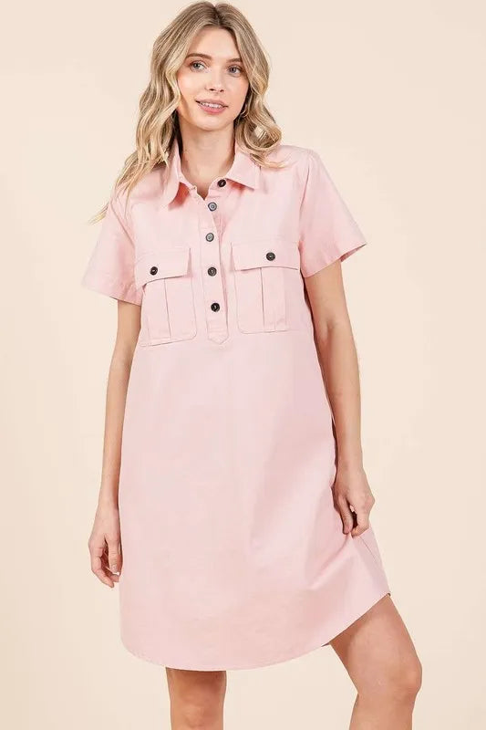Mittoshop Button Detail Collared Neck Short Sleeve Shirt Dress - Brittney MADE