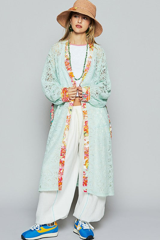 POL Floral Trim Lace Open Front Longline Cardigan - Brittney MADE