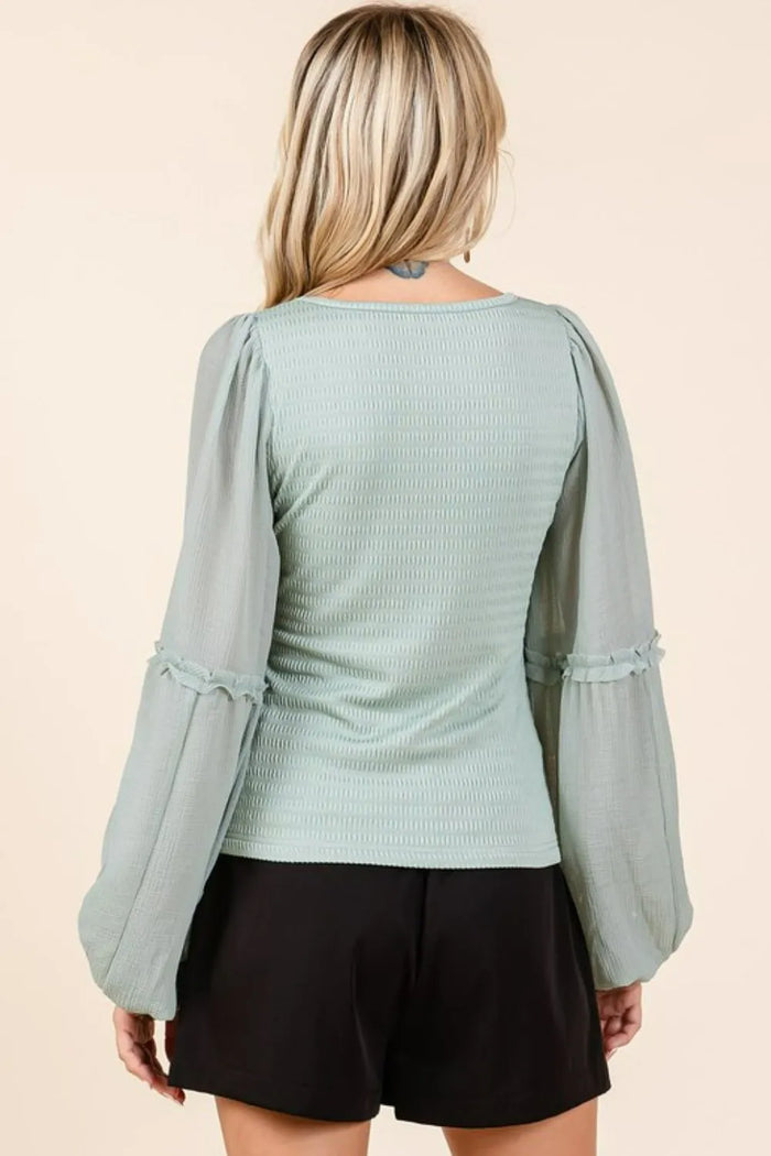 Mittoshop Mixed Media Textured Knit Chiffon Long Sleeve Top - Brittney MADE