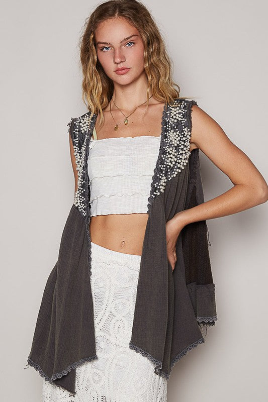 POL Embroidered Pearls Open Front Sleeveless Cardigan - Brittney MADE