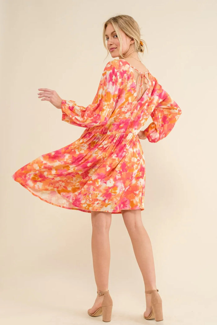 And The Why Full Size Printed Tie Back Long Sleeve Dress - Brittney MADE