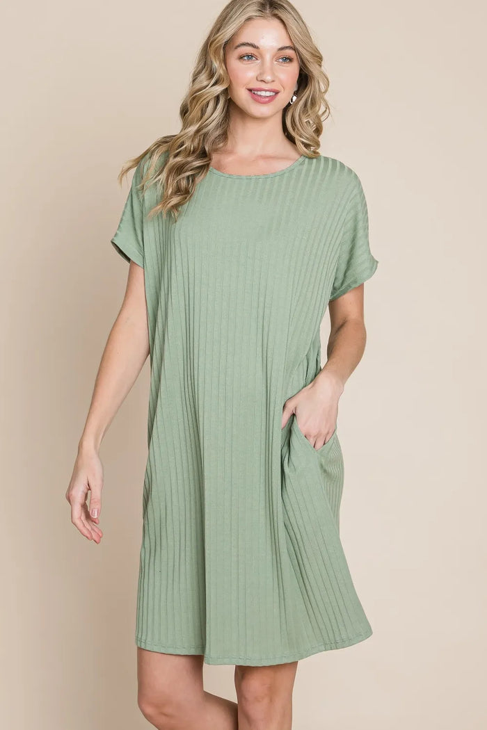 BOMBOM Ribbed Round Neck Short Sleeve Dress - Brittney MADE