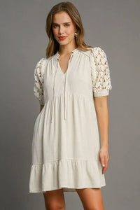 Umgee Full Size Ruffled Hem Heart Lace Sleeve Tie Neck Dress Plus Size - Brittney MADE