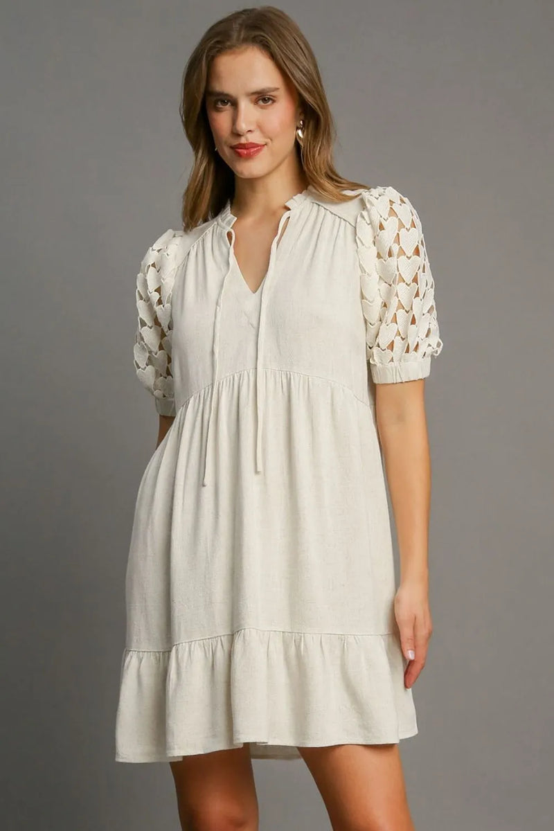 Umgee Full Size Ruffled Hem Heart Lace Sleeve Tie Neck Dress Plus Size - Brittney MADE