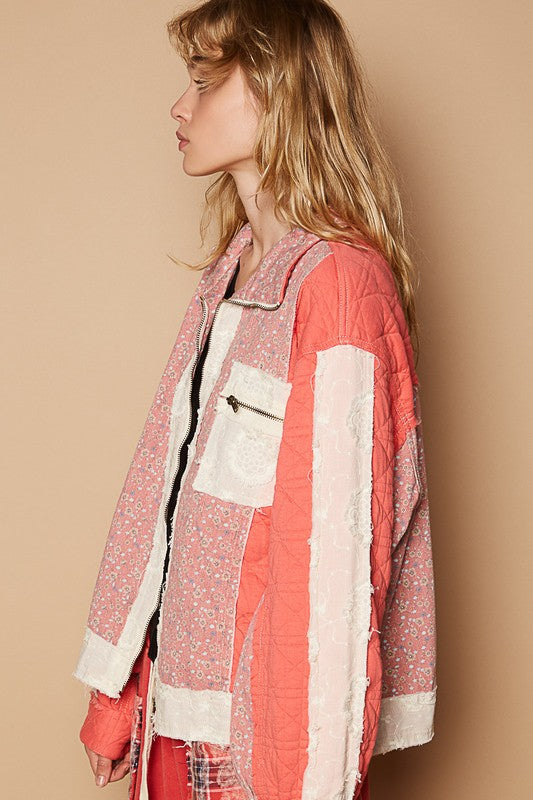 POL Floral Patchwork Zip Up Long Sleeve Jacket - Brittney MADE