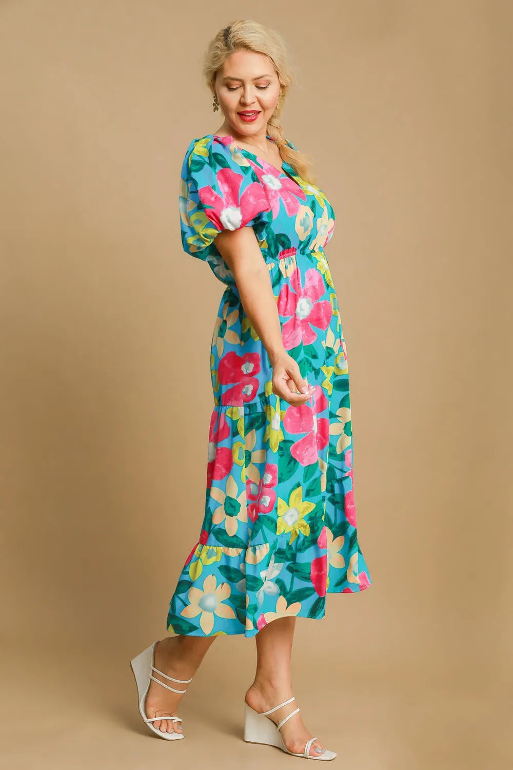 Umgee Full Size Tiered Floral Print Notched Puff Sleeve Midi Dress Plus Size - Brittney MADE