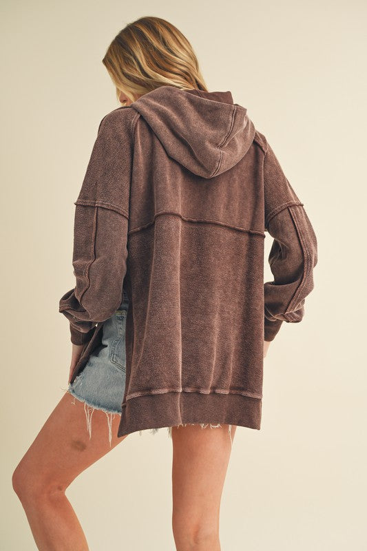 Aemi + Co Exposed Seam Side Slit Hoodie with Kangaroo Pocket - Brittney MADE
