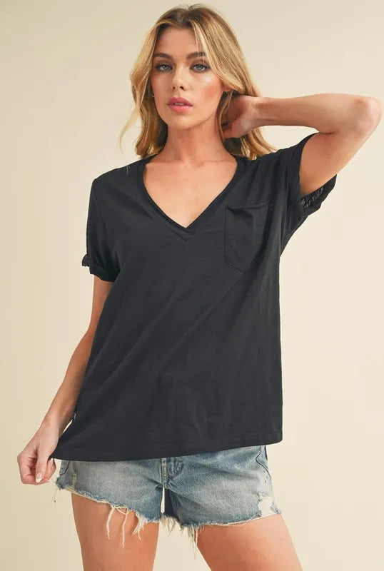 Aemi + Co Side Slit V-Neck Short Rolled Sleeve T-Shirt - Brittney MADE