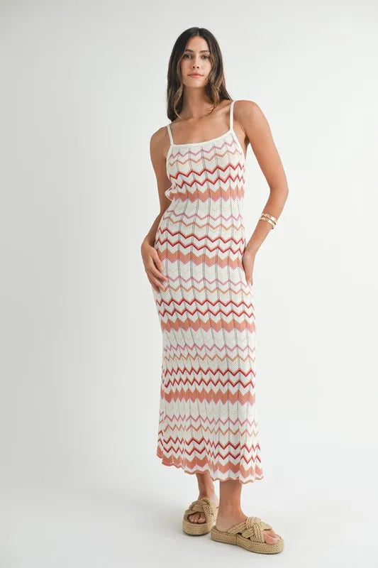 MABLE Lightweight Pointelle Chevron Knit Maxi Dress - Brittney MADE