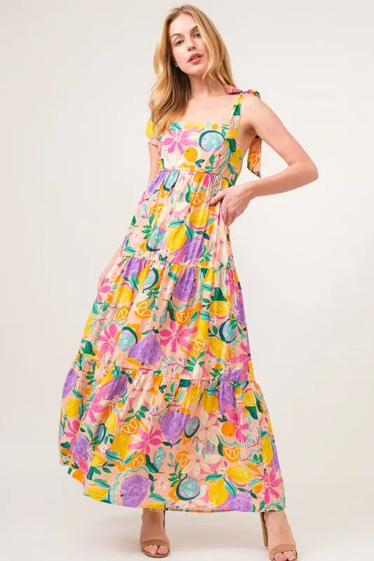 And The Why Shoulder Strap Tropical Fruit Printed Tiered Maxi Dress - Brittney MADE