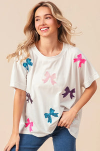 BiBi Sequin Bow Patch Short Sleeve T-Shirt - Brittney MADE