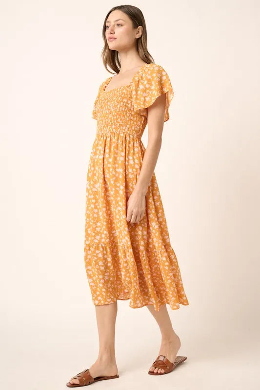 Mittoshop Flower Print Flutter Sleeve Smocked Midi Dress - Brittney MADE