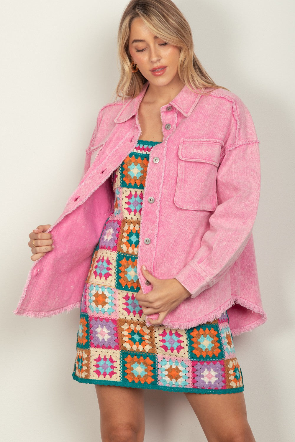 VERY J Full Size Button Up Raw Hem Long Sleeve Jacket - Brittney MADE