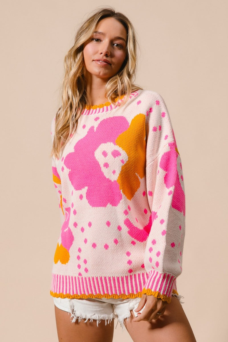 BiBi Flower Pattern Contrast Sweater - Brittney MADE
