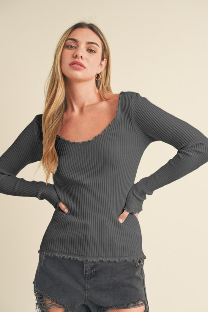 Aemi + Co Lettuce Hem Scoop Neck Long Sleeve Knit Top - Brittney MADE