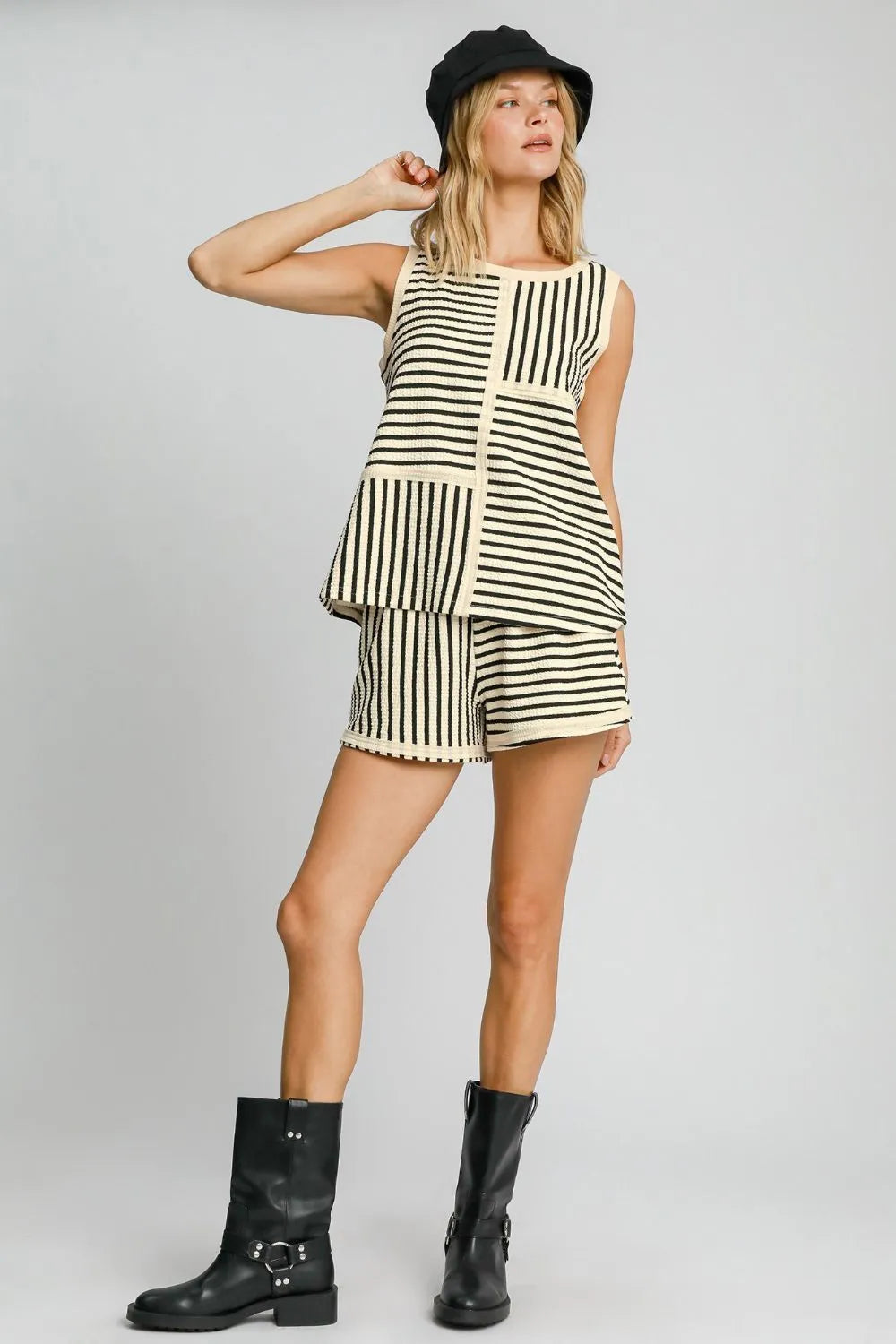Umgee Round Neck Texture Striped Tank - Brittney MADE