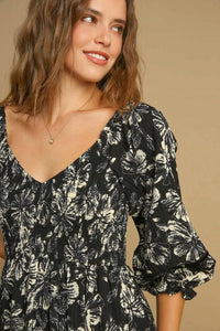 Umgee Ruffle Hem Flower Printed V-Neck Dress - Brittney MADE