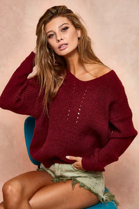 BiBi Openwork V-Neck Drop Shoulder Sweater - Brittney MADE