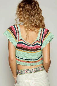 POL Openwork Ethnic Pattern Square Neck Cropped Knit Top - Brittney MADE