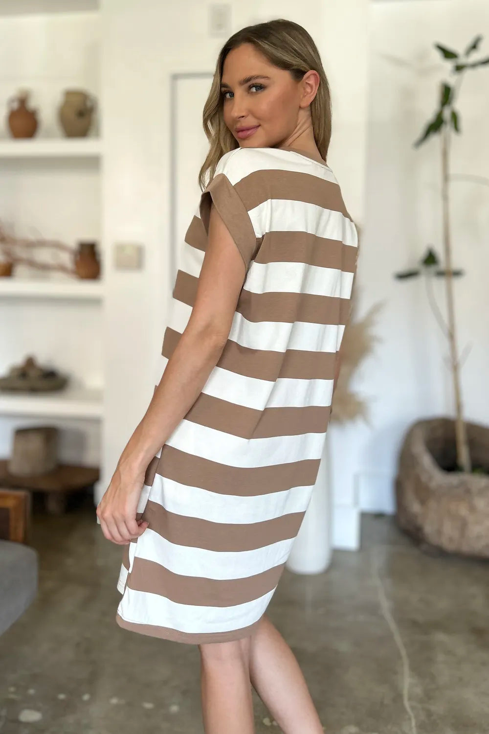 Basic Bae Full Size Striped Round Neck Cap Sleeve Mini Dress - Brittney MADE