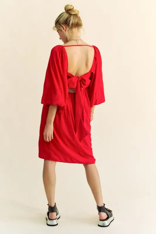 Davi & Dani Solid Textured Fabric Puff Sleeve Tie Back Dress - Brittney MADE