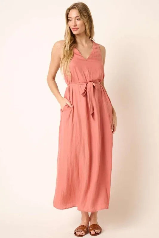 Mittoshop Cross Back Belted V Neck Tank Maxi Dress - Brittney MADE