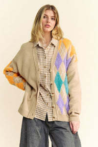 Davi & Dani Argyle V-Neck Dropped Shoulder Cardigan - Brittney MADE