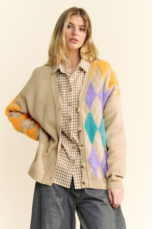Davi & Dani Argyle V-Neck Dropped Shoulder Cardigan - Brittney MADE