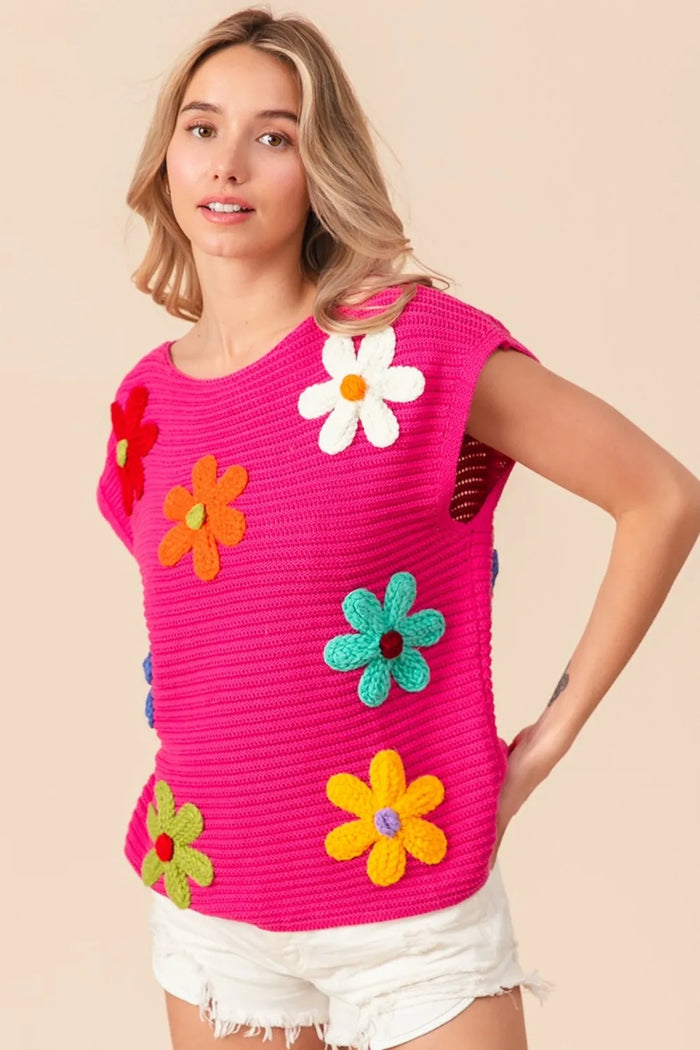BiBi Flower Round Neck Cap Sleeve Knit Top - Brittney MADE
