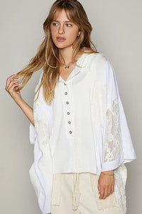 POL Crochet Patchwork Frayed Edge Half Button Knit Top - Brittney MADE