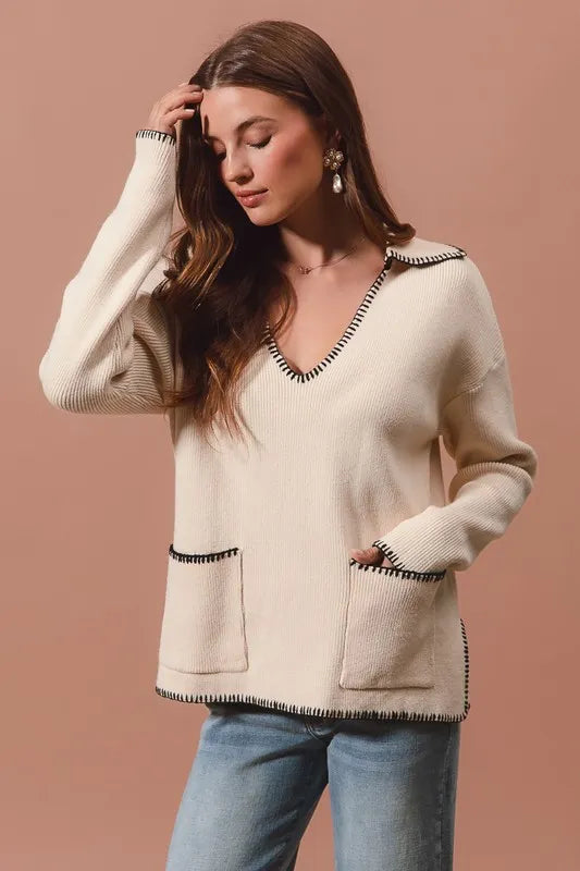 SO ME Contrast Blanket Stitch Sweater - Brittney MADE