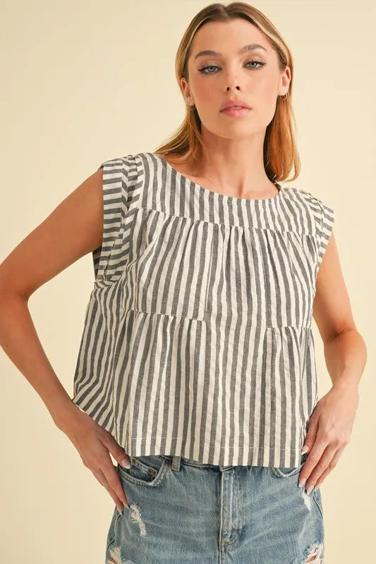 Aemi+Co Ruched Striped Round Neck Sleeveless Top - Brittney MADE