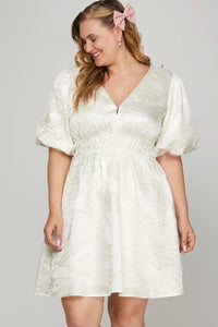 She + Sky Crinkle Woven V-Neck Balloon Sleeve Mini Dress - Brittney MADE