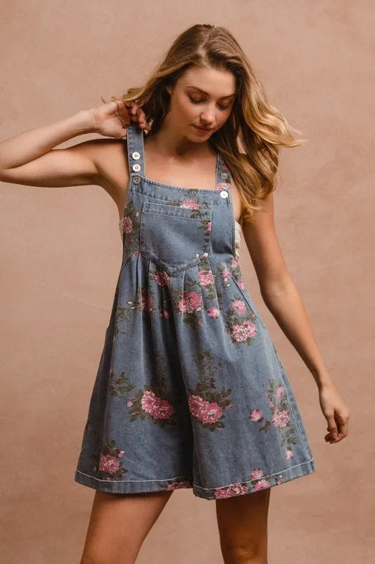 BiBi Flower Printed Wide Strap Denim Overalls - Brittney MADE