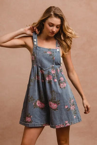 BiBi Flower Printed Wide Strap Denim Overalls - Brittney MADE