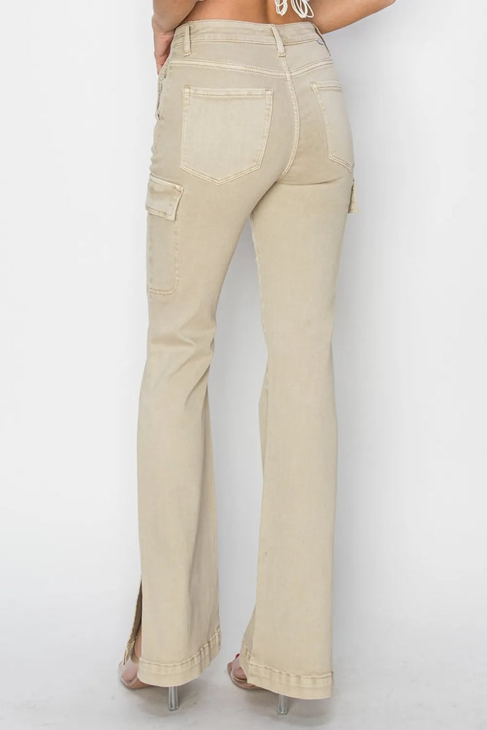 RISEN Full Size High Rise Side Slit Cargo Bootcut Jeans - Brittney MADE