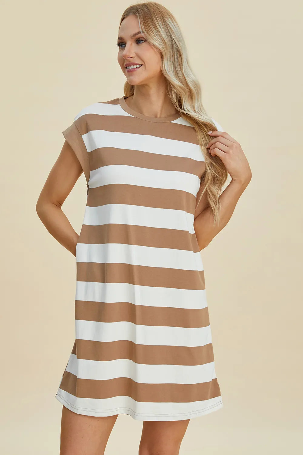 Basic Bae Full Size Striped Round Neck Cap Sleeve Mini Dress - Brittney MADE