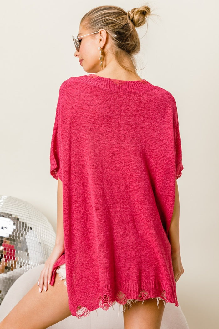 BiBi Distressed Hem V-Neck Slit Sweater - Brittney MADE