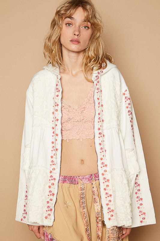POL Embroidered Lace Patch Zip Up Hooded Jacket - Brittney MADE