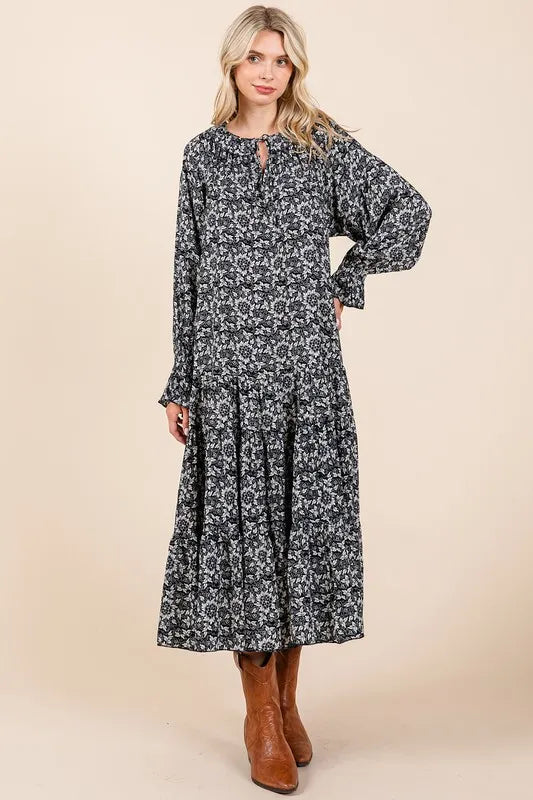 Mittoshop Printed Tie Neck Flounce Sleeve Midi Dress - Brittney MADE