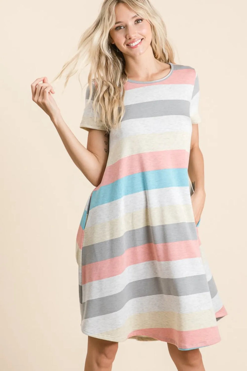 BOMBOM Striped Short Sleeve Dress with Pockets - Brittney MADE