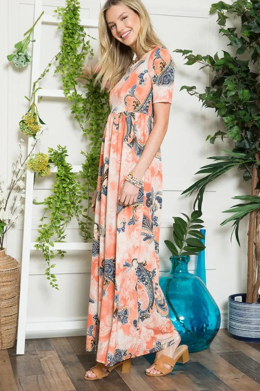 Celeste Paisley Print Short Sleeve Maxi Dress with Pockets - Brittney MADE