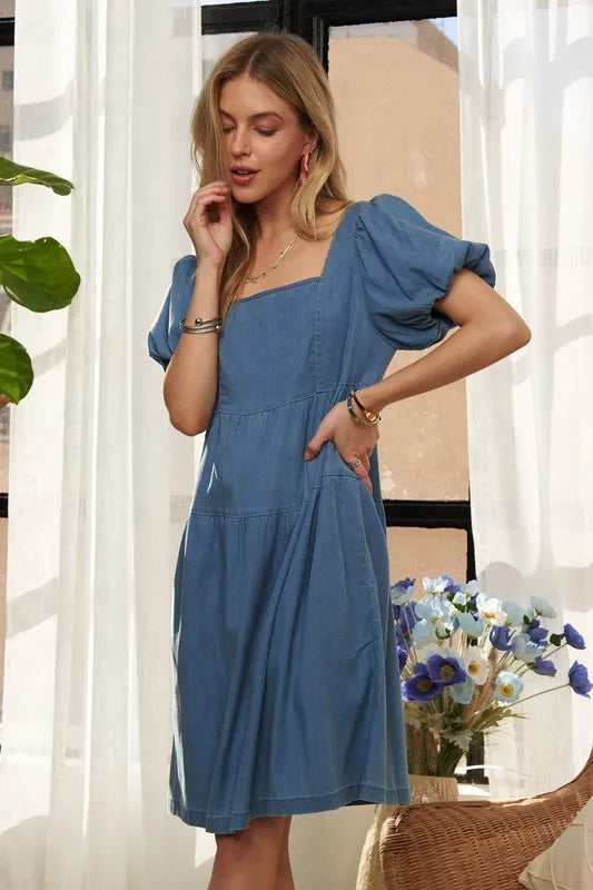 ADORA Square Neck Puff Sleeve Denim Dress - Brittney MADE