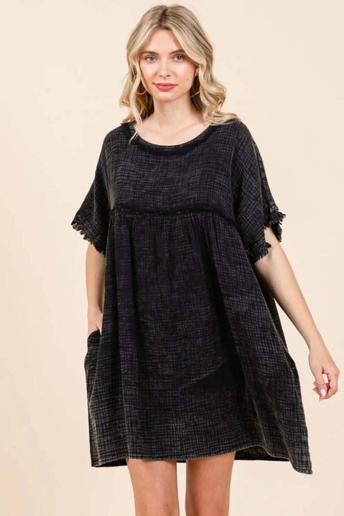 Culture Code Full Size Short Sleeve Babydoll Texture Dress with Pockets - Brittney MADE