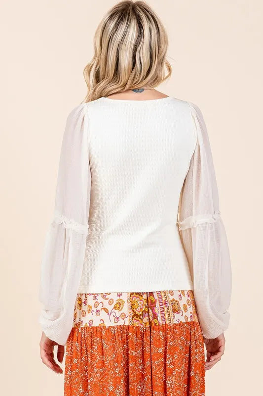 Mittoshop Mixed Media Textured Knit Chiffon Long Sleeve Top - Brittney MADE