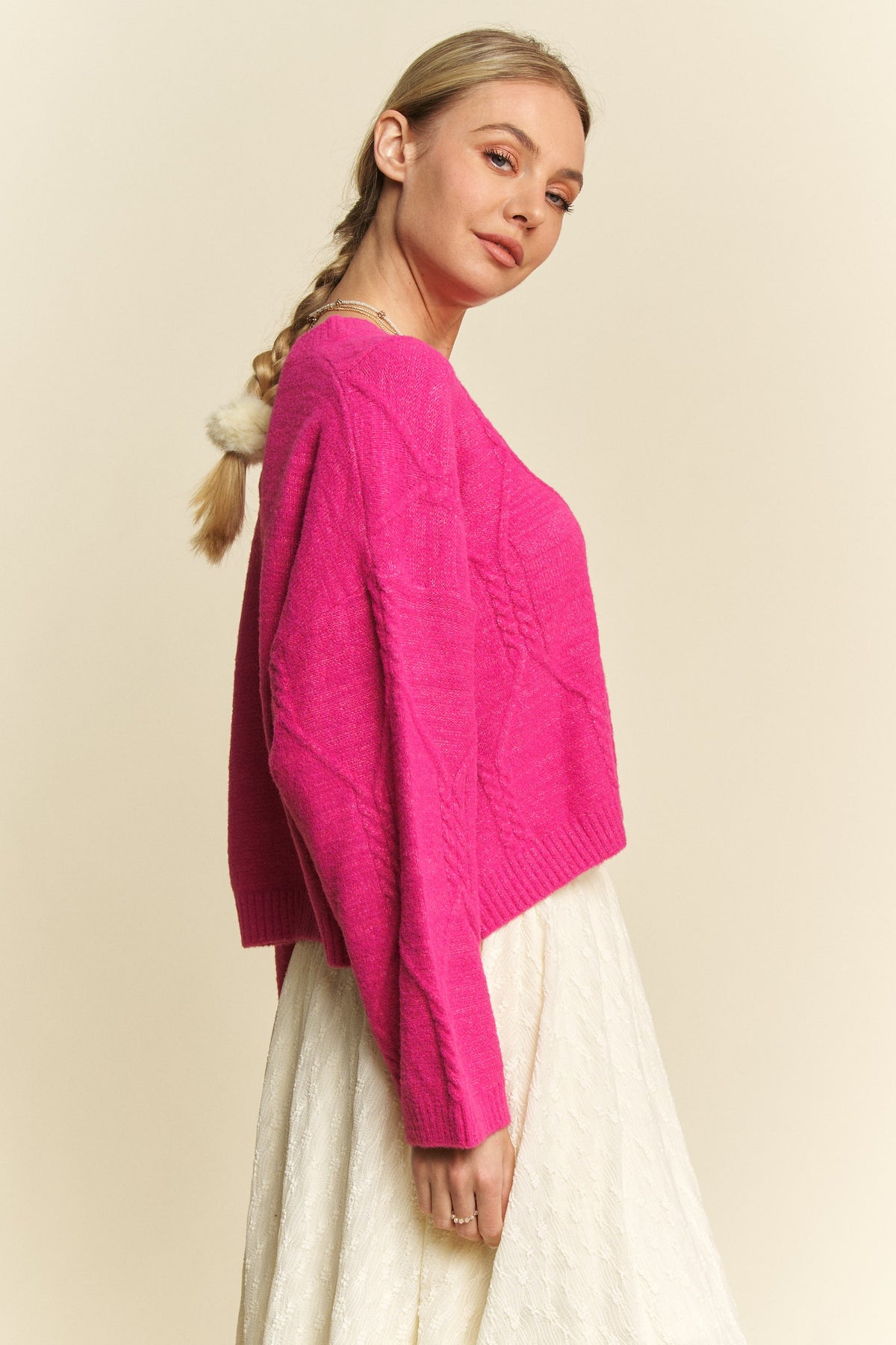 Davi & Dani Diamond Cable Pattern Drop Shoulder Sweater - Brittney MADE